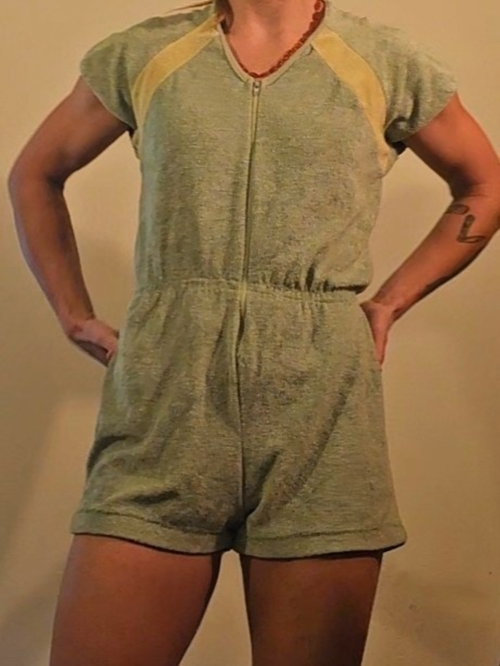 Vintage jcpenney Light Green Terry Romper with Yellow Accents